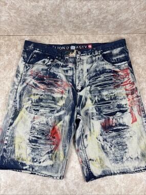 Lion Dynasty Blue Denim Shorts Men's 48 Streetwear Distressed Paint JJT